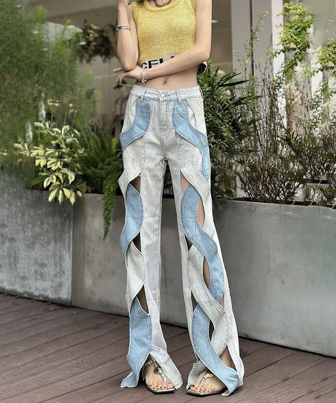 Wave cut denim pants